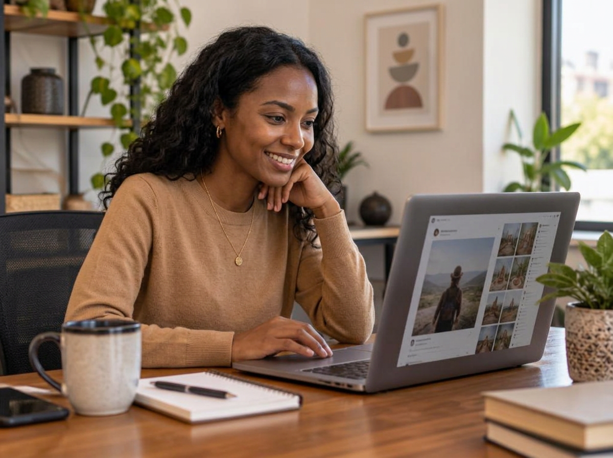 Woman reviewing a social media post on her laptop