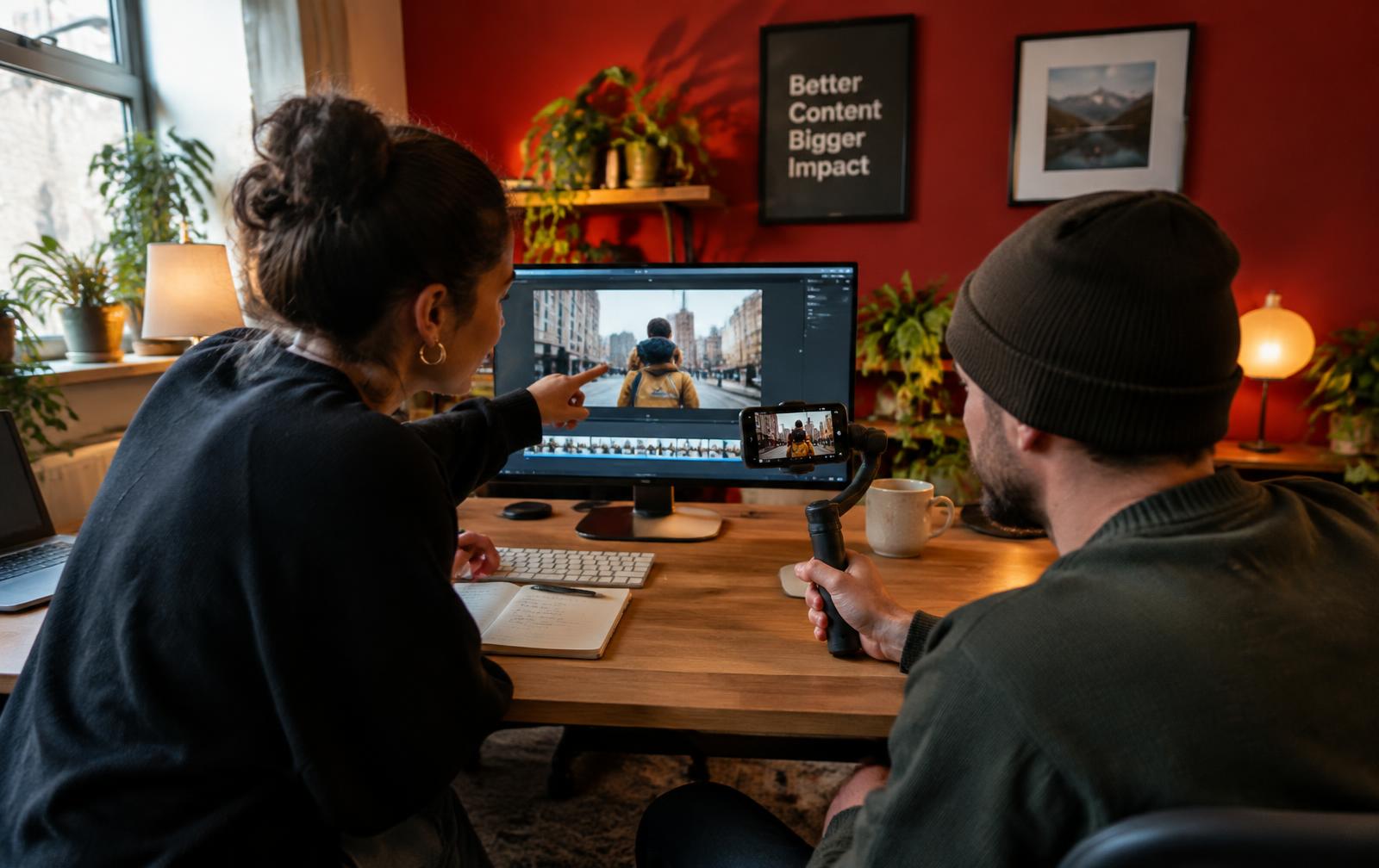 Two marketers reviewing a video clip